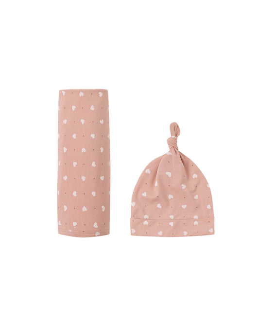 Pink Hearts Bamboo Swaddle & Knot Hat