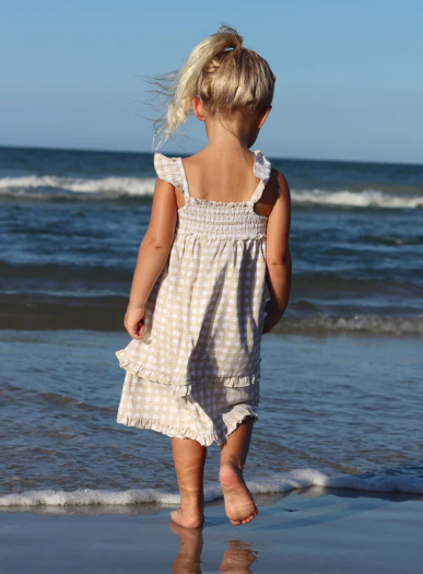 Stone Gingham Slub Jersey Smocked Dress