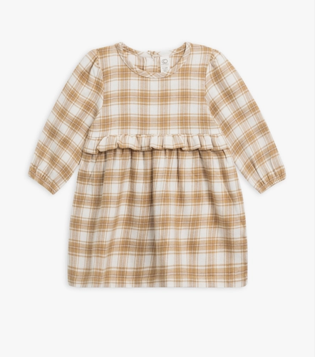 Sydney Latte Plaid Flannel Long Sleeve Ruffle Dress