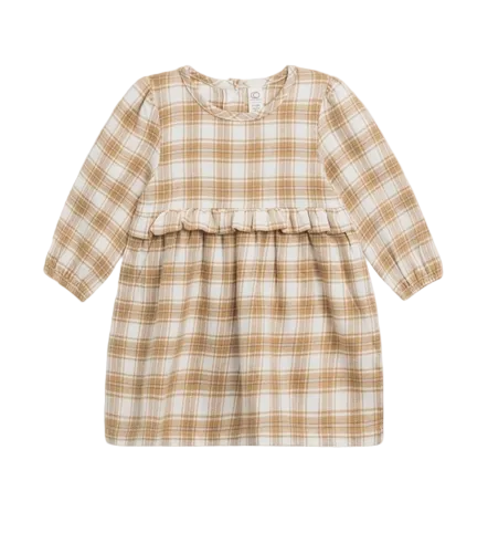 Sydney Latte Plaid Flannel Long Sleeve Ruffle Dress