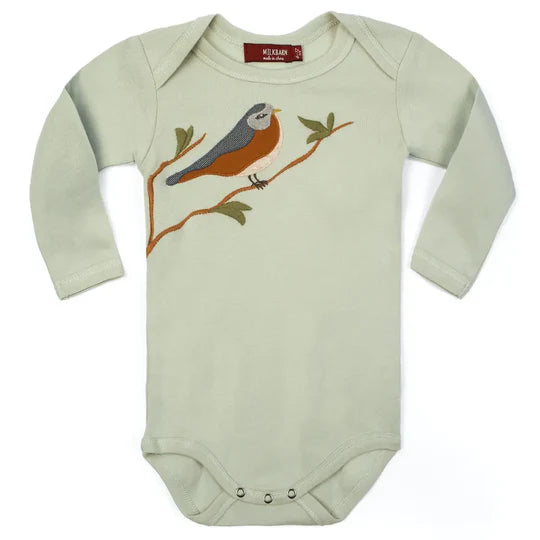 Blue Bird Applique Organic Cotton Long Sleeve One Piece