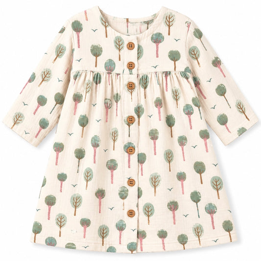 Muslin Long Sleeve Button Front Dress - Evergreen Trail