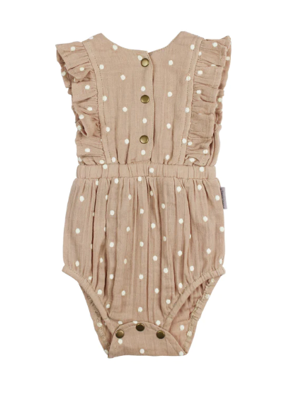 Embroidered Muslin Ruffle Bodysuit in Wheat Dot