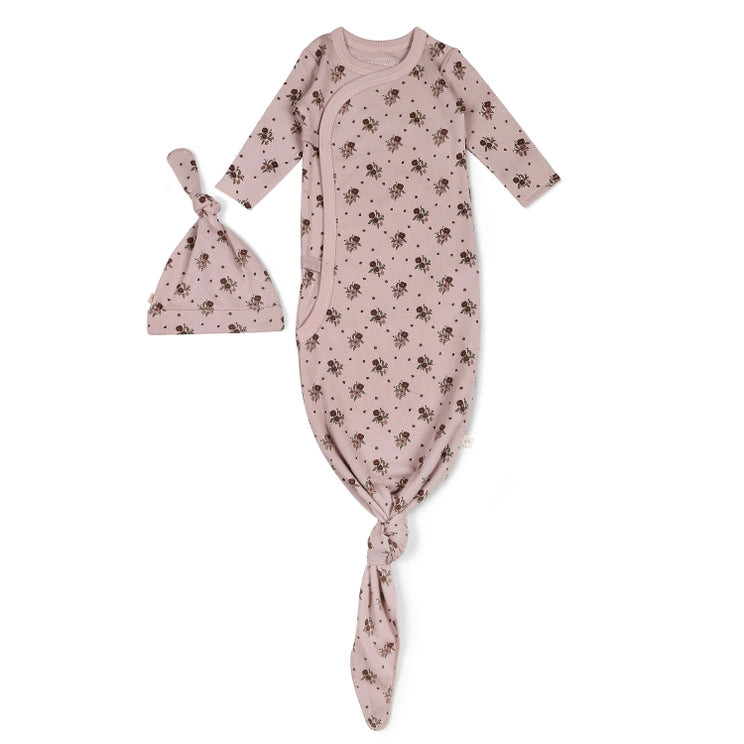 Rose Ditsy Organic Knotted Sleep Gown & Hat Set