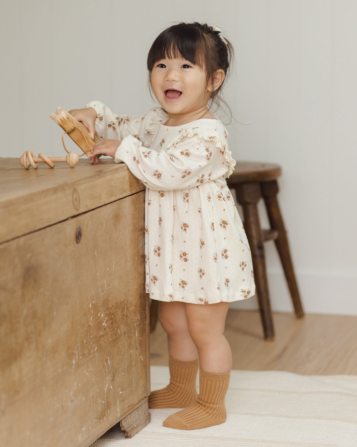 Autumn Flora Long Sleeve Ruffle V Dress