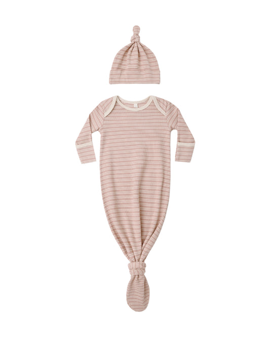 Dusty Rose Microstripe Knotted Gown + Hat Set