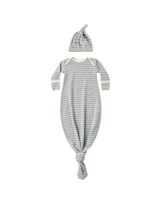 Steel Blue Micro Stripe Knotted Gown + Hat Set