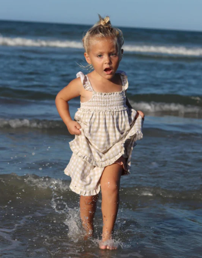 Stone Gingham Slub Jersey Smocked Dress