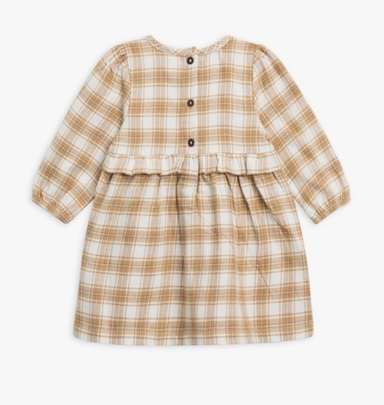 Sydney Latte Plaid Flannel Long Sleeve Ruffle Dress