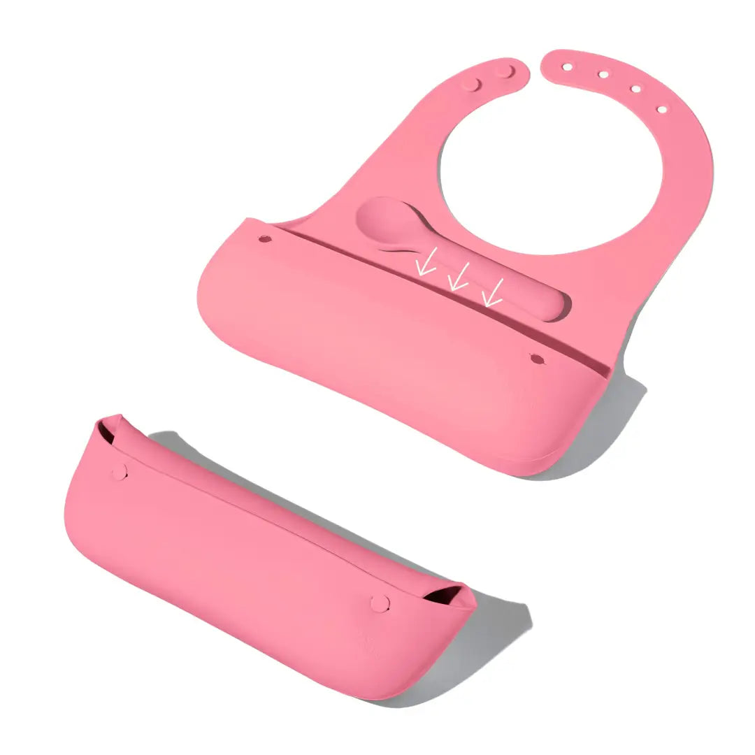 Pink Roll & Go Silicone Bib + Spoon Set