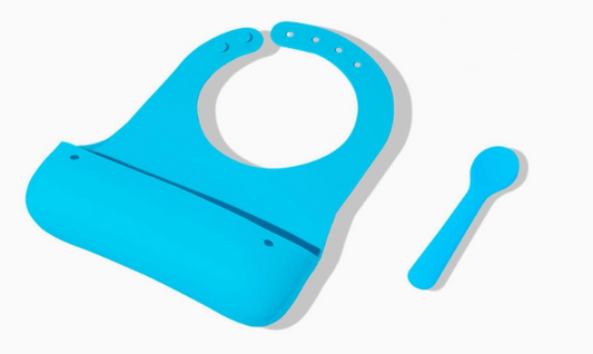 Blue Roll & Go Silicone Bib + Spoon Set