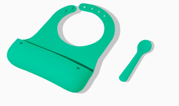 Green Roll & Go Silicone Bib + Spoon Set