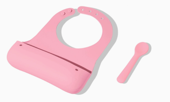 Pink Roll & Go Silicone Bib + Spoon Set