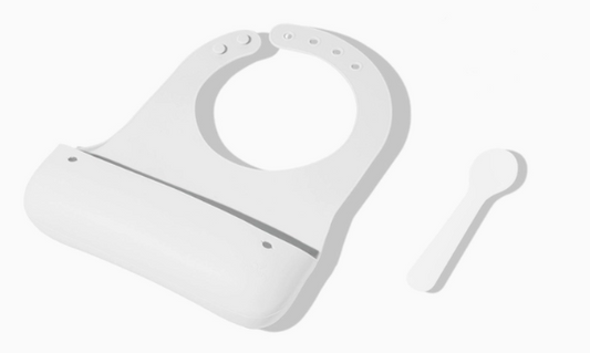 White Roll & Go Silicone Bib + Spoon Set