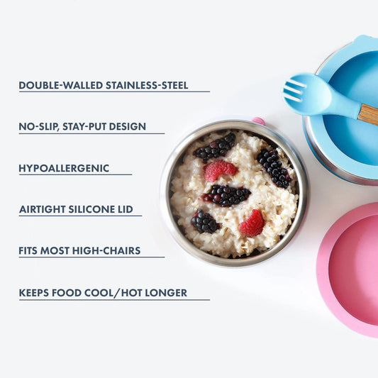 Stainless Steel Suction Baby Bowl + Air-Tight Lid- Pink