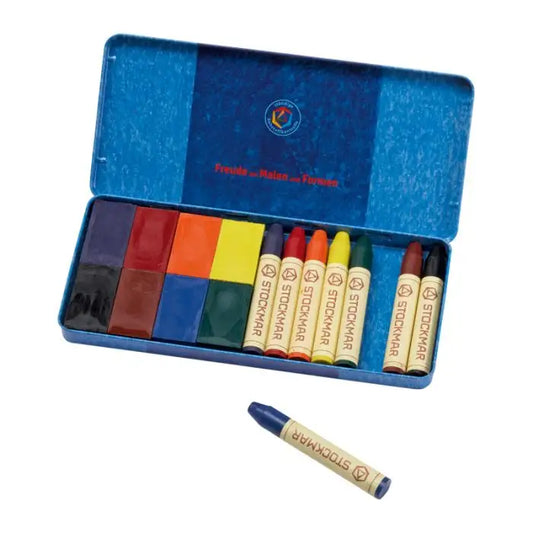 Stockmar Wax Crayons Combo Tin Case - 8 blocks & 8 sticks standard colors