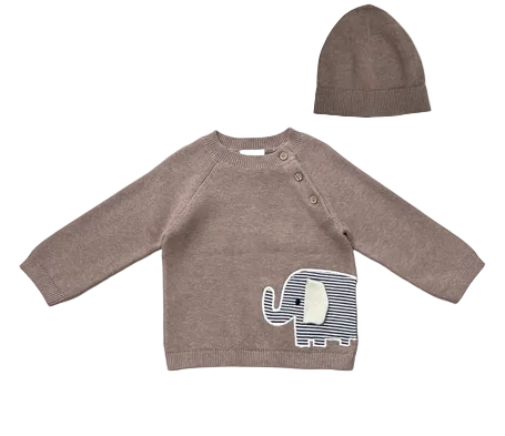 Elephant Embroidered Knit Pullover & Hat Set