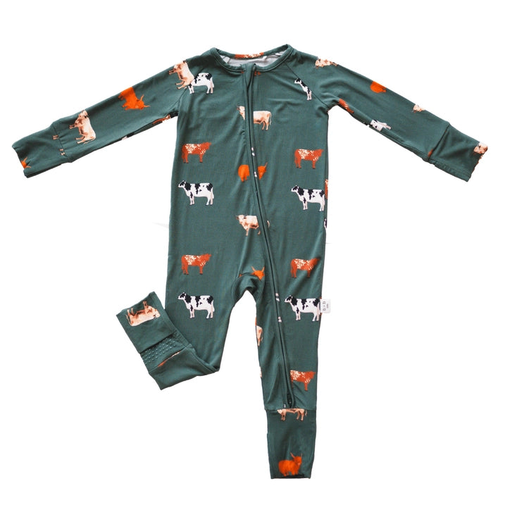 Forest Green Cow Convertible Bamboo Romper