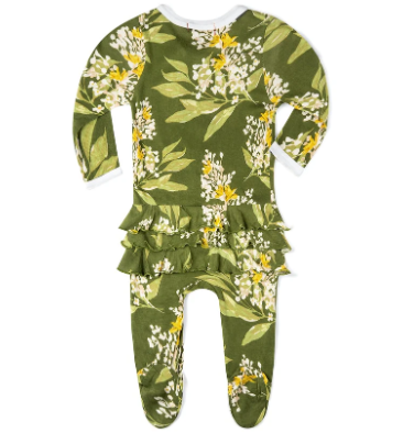 Green Floral Bamboo Ruffle Zipper Footed Romper