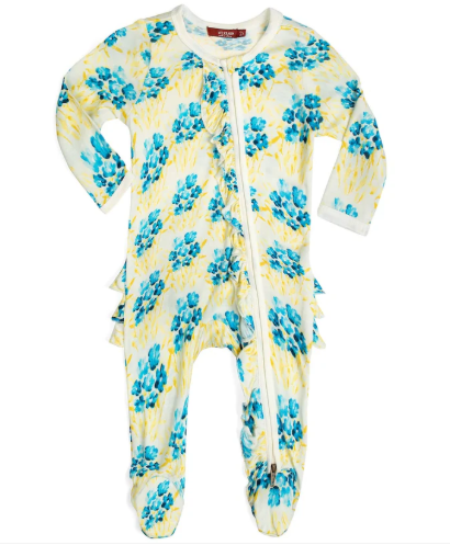 Sky Floral Bamboo Ruffle Zipper Footed Romper