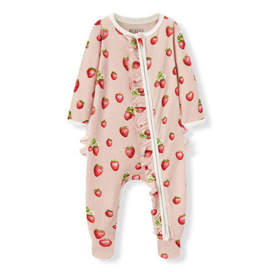 Strawberry Organic Cotton Ruffle Zipper Footed Romper