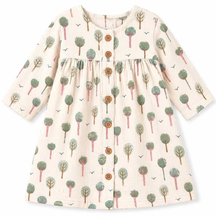 Muslin Long Sleeve Button Front Dress - Evergreen Trail